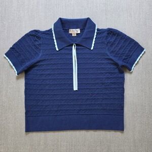 Forward Young Contemporary Knit Polo Women L Blue Scallop Trim Ribbon Sweater